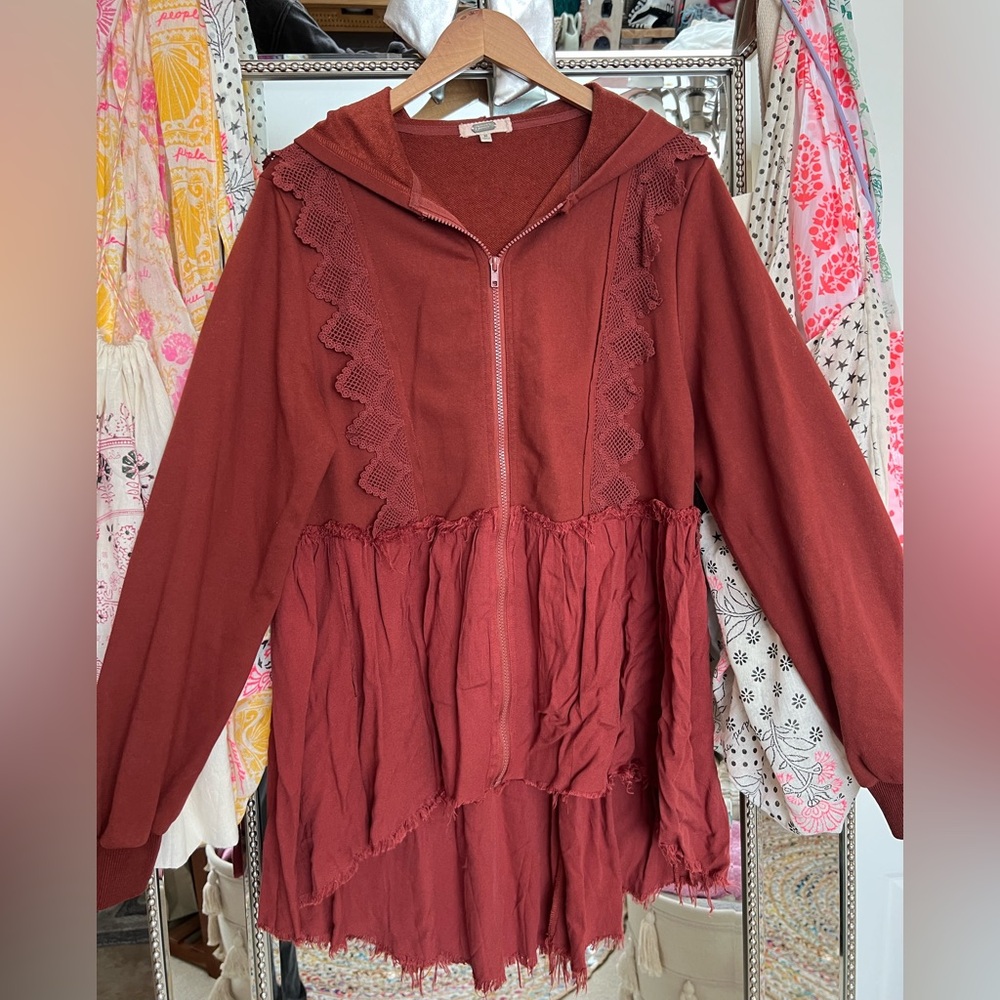 Boho Tiered Zip-Front Hoodie Sweater - Rust